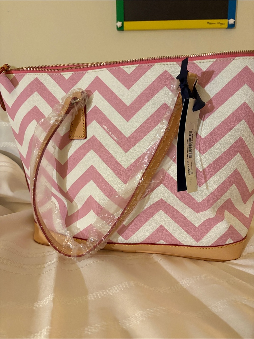 Dooney & Bourke Pink and White Chevron Tote with Wristlet - Picture 3 of 5
